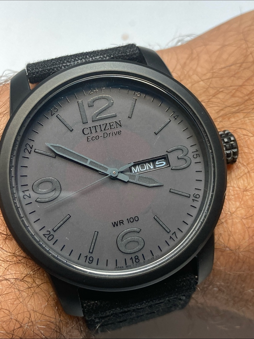 Citizen E101-S064783, eco drive, Blacked out Dial, Black Barton Canvas Strap - Picture 3 of 15